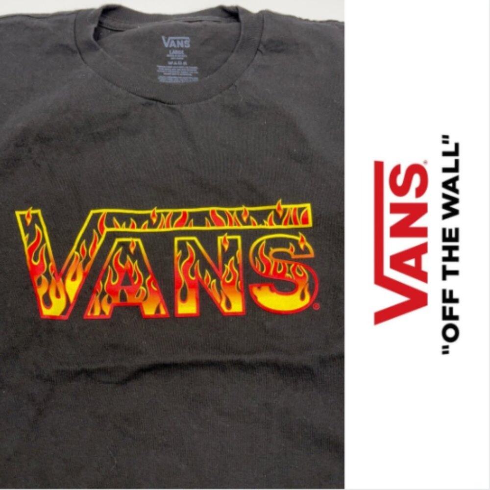 VANS FLAME logo boys black t-shirt size LARGE  EUC
